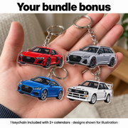 Illustrative Audi keychain designs; one keychain included with two or more calendars